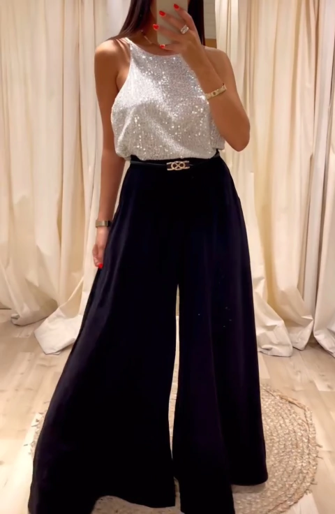 Conjunto Ambar pailettes blanco/plata+ Cartagena crepe negro - comprar online