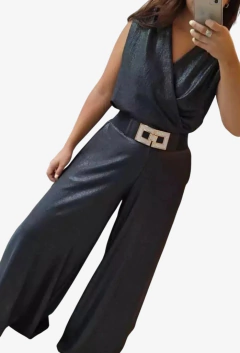 Conjunto blusa cruzada + Palazzo pollera Cartagena crepe foil Negro - comprar online