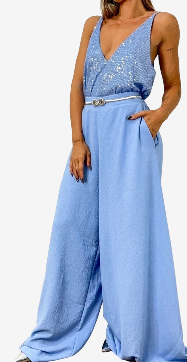 Conjunto Muscu Ambar + Palazzo Pollera Cartagena Celeste Foil thumbnail 2