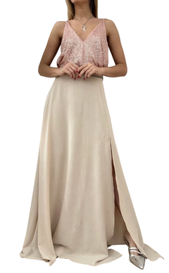 Conjunto Ambar pailettes Rose + Maxifalda Bogota crepe Nude - comprar online