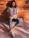 Camiseta Cinza listras 2 cores rosa/Turquesa