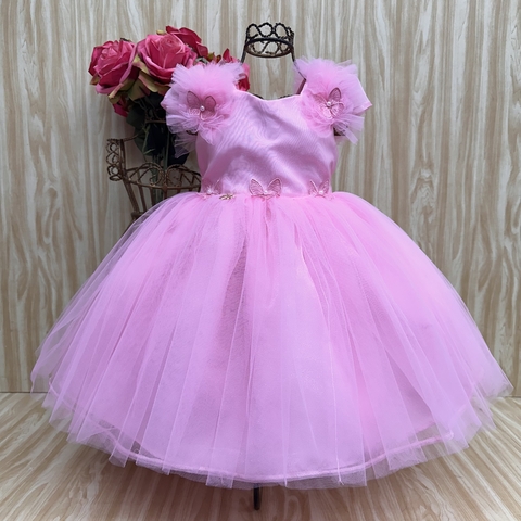 Vestido de festa infantil Rosane, rosa, com tule e detalhes em borboletas, perfeito para eventos especiais.