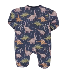 Macacão infantil com estampa de dinossauros em fundo azul, ideal para bebês.