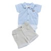 Conjunto Baby composto por um Body azul clara com gravata borboleta e um short bege.