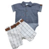 Conjunto Baby Paraiso com camisa cinza e bermuda marfim com estampa quadriculada.