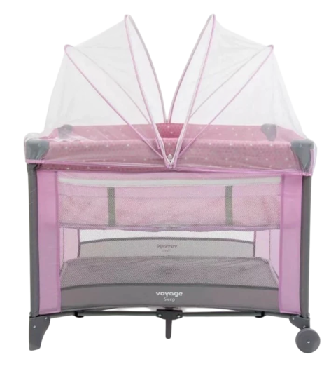 Berço portátil Sleep com mosquiteiro de proteção em rosa e estrutura em cinza.