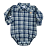 Body Anjos Baby: body xadrez azul e cinza com mangas longas e botão frontal.