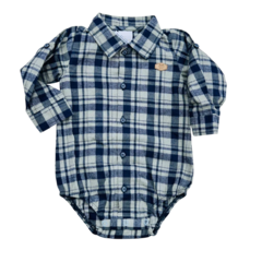 Body Anjos Baby: body xadrez azul e cinza com mangas longas e botão frontal.