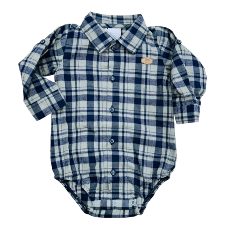 Body Anjos Baby: body xadrez azul e cinza com mangas longas e botão frontal.