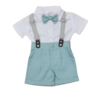 Conjunto infantil Leley 0086 com camisa branca, suspensório e calça curta na cor verde água.