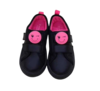 Tênis Pampili preto com detalhes em pink neon, ideal para meninas, com fecho de velcro e enfeite de rosto sorridente.