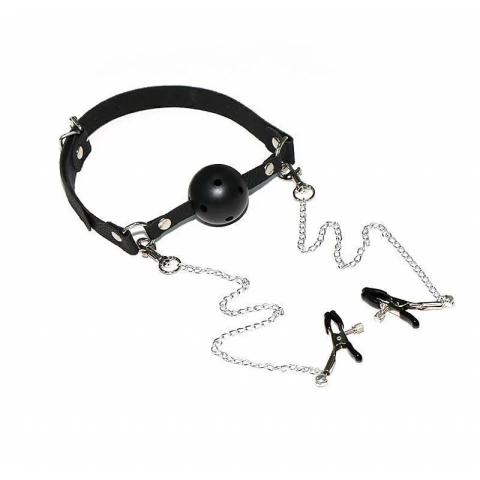 MORDAÇA COM BOLA DE 4CM E PRENDEDOR DE SEIOS COR PRETA - CÓD 51554