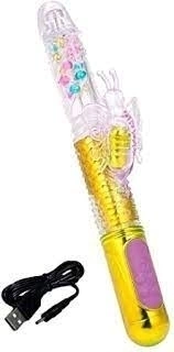 VIBRADOR 28X3,5CM RECARREGÁVEL COM VAI E VEM COM 36 MODOS DE VIBRAÇÃO E ESTIMULADOR BORBOLETA COR DOURADO – CÓD 2499