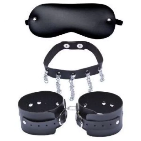 Kit Prisioneira 2 Algema Bracelete, Coleira e Venda Tapa Olhos - CÓD 5165