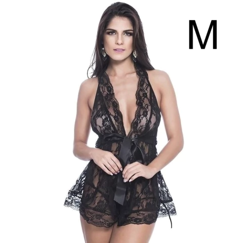 CAMISOLA RENDADA BABADINHO COM FITA DE CETIM TAMANHO M COR PRETA – CÓD 71293