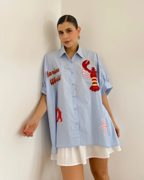 Imagen de Blusón P.089 Azul con Bordados Marinos