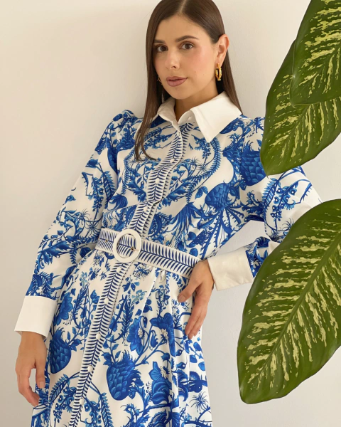Vestido T.171 camisero azul y blanco – detalle de cuello, manga y cinturón