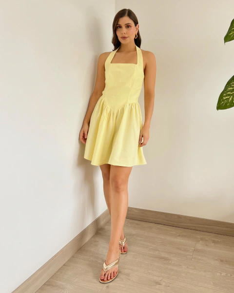 Vestido Corto Amarillo cuello Halter T.191