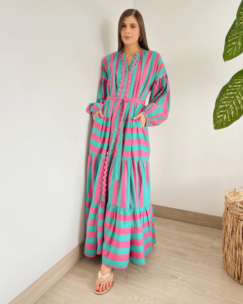 Vestido P.098 largo a rayas turquesa y rosa – vista frontal