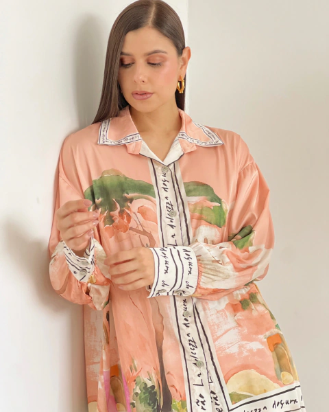 Imagen de Conjunto Estampado de Camisa y Pantalón para Mujer Set M.003 Naranja