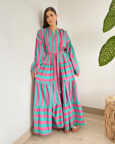 Vestido largo a rayas P.098 – silueta amplia con cinturón