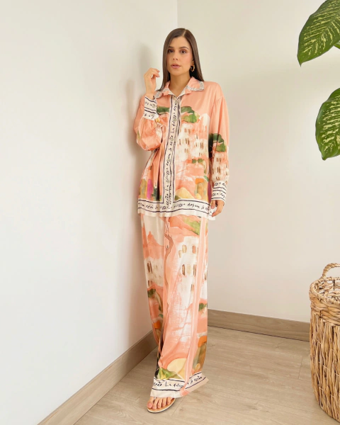 Conjunto Estampado de Camisa y Pantalón para Mujer Set M.003 Naranja - tienda online
