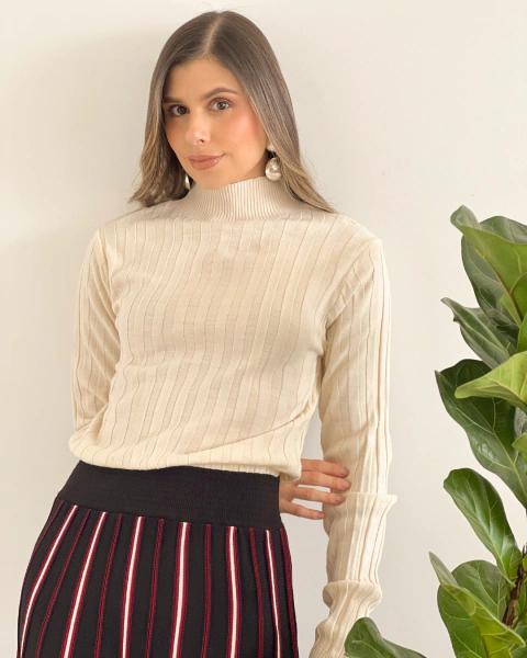 Vestido T.133 CREMA de Tejido con Cuello Alto - comprar online
