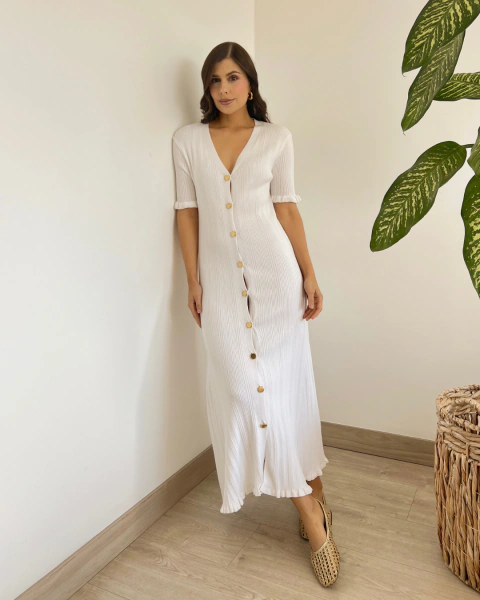 Vestido T.201 Blanco Acanalado con Botones Dorados - tienda online