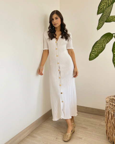 Vestido T.201 Blanco Acanalado con Botones Dorados - comprar online