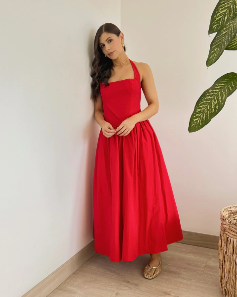 Vestido T.178 Rojo Largo Halter con Falda Amplia - primia