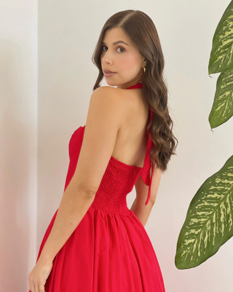 Vestido T.178 Rojo Largo Halter con Falda Amplia - primia