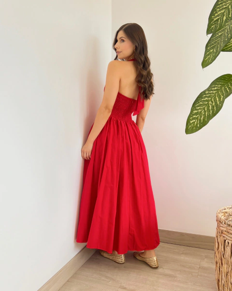 Vestido T.178 Rojo Largo Halter con Falda Amplia - tienda online