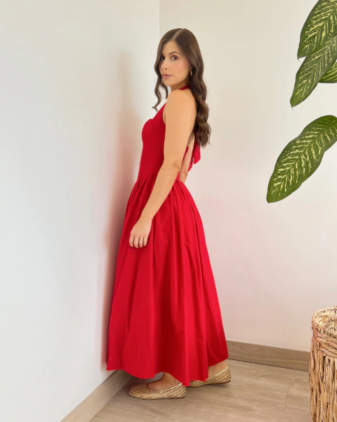 Vestido T.178 Rojo Largo Halter con Falda Amplia - comprar online