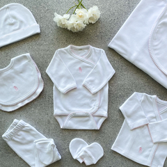 SET BLANCO PICOT ROSA - 8 PIEZAS