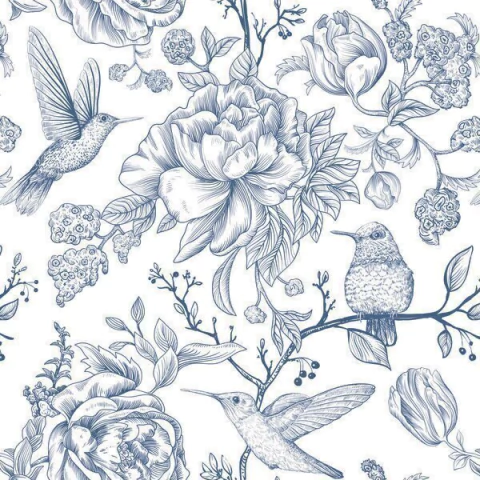 Papel de Parede Adesivo Floral Estilo Desenhos Pintados A Mão Tons De Azul E Fundo Branco Autocolante Lavável - DPFL349