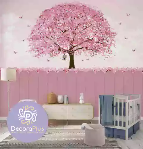 Papel De Parede Personalizado Infantil Foto Mural Árvore Encantada Ipê Rosa Florido Com Detalhe Cerca Rosa Decoração Quarto De Menina - DPFMF182