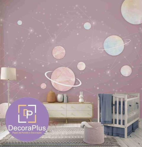 Papel De Parede Personalizado Infantil Universo Rosa Planetas E Estrelas Fosco Vinil - DPFMF352
