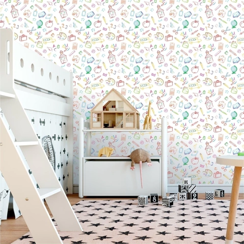 Papel De Parede Teen Materiais Escolares Coloridos Sobre Fundo Branco Vinil DPTE74