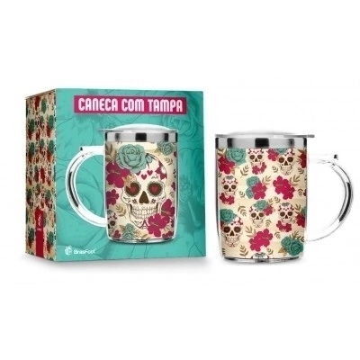 Caneca Plástica Inox - Caveira Flowers