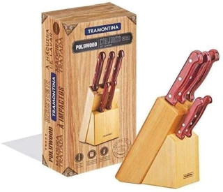 Conjunto de Facas Inox 6 Peças Polywood C/ Cepo