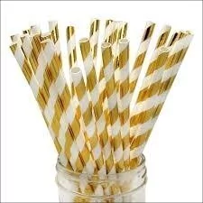 20 Canudo Papel Vintage Dourado Listrado Metalizado