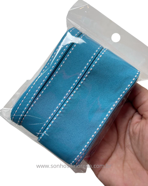 KIT DE FITA PESPONTADA TURQUESA 340 COM PESPONTO BRANCO 6 METROS ( 3 LARGURAS)