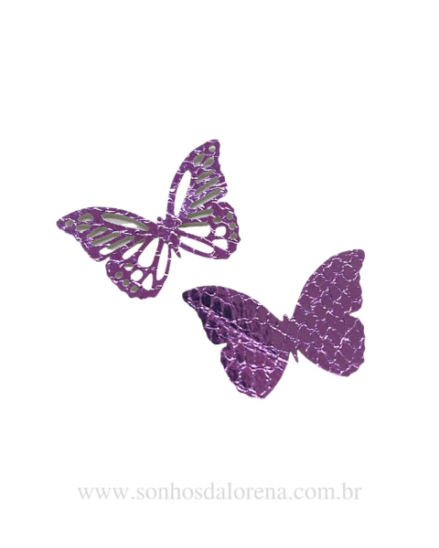APLIQUE DE BORBOLETA DUPLA EM LONITA NAPA CRAQUELADA METALIZADA LILÁS 3CM X 4,5CM