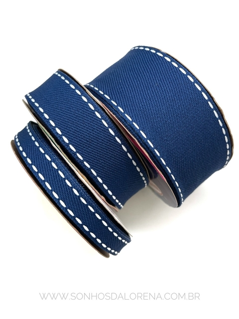 FITA JEANS SINIMBU AZUL MARINHO COM PESPONTO BRANCO COR:1862/03 ROLO COM 10 METROS