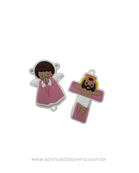 KIT TERÇO INFANTIL EMBORRACHADO DE 5CM ANJINHO BRANCO COM ROSA