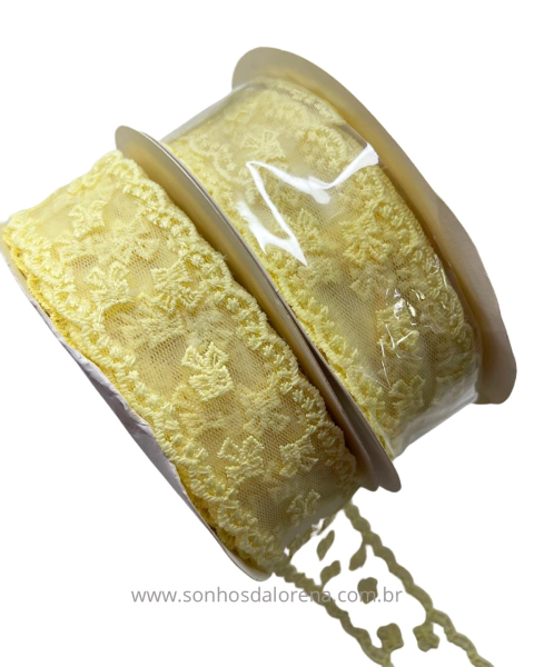 FITA DE TULE BORDADA DE LACINHOS AMARELO BEBE POR METRO