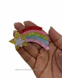 APLIQUE FELTRO ESTRELA E ARCO IRIS ROSA/DOURADO 7CM KIT COM 2 UNIDADES - comprar online