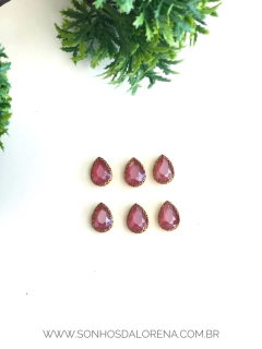 PEDRARIA ENGRAMPADA DOURADA GOTA COR ROSA KIT COM 6 UNIDADES