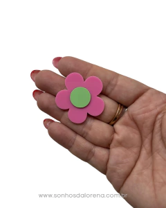 APLIQUE ACRILICO FLOR ROSA MEDIO COM VERDE 3,5CM ( 2 UNIDADES) - Sonhos da Lorena