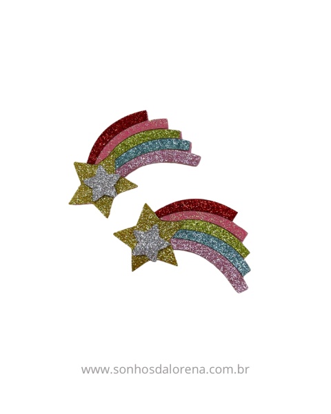 APLIQUE FELTRO ESTRELA E ARCO IRIS ROSA/DOURADO 7CM KIT COM 2 UNIDADES